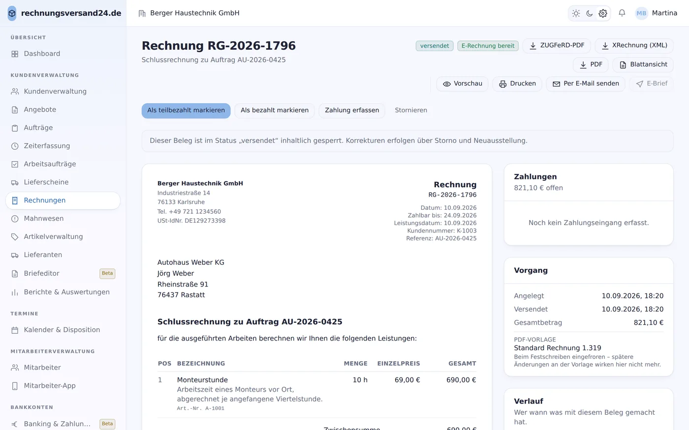 Eine versendete Schlussrechnung mit Positionen, Zahlungen und den Ausgaben als ZUGFeRD und XRechnung.